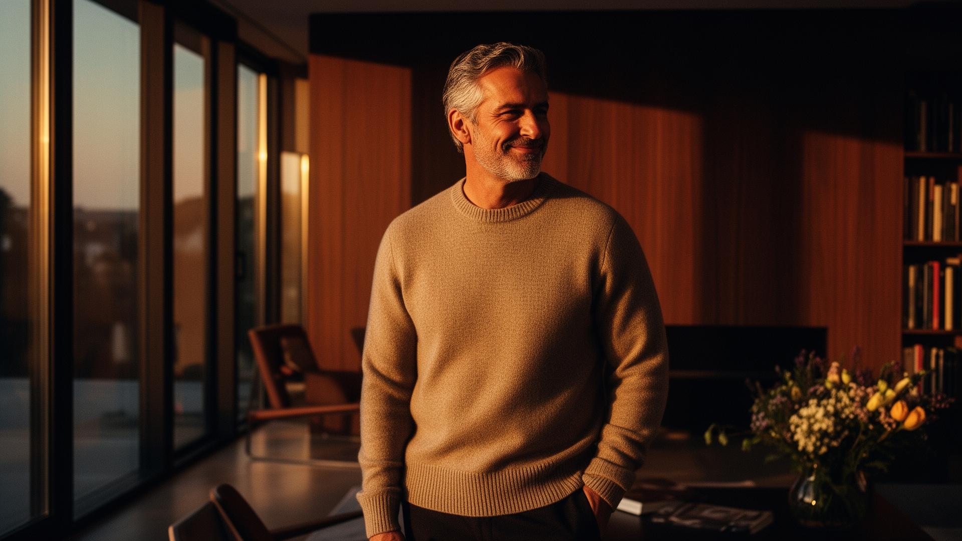 A man in his late forties at home in golden evening light — calm, at ease, in his element.